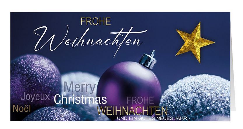 Elegante Weihnachtskarte in blau und violett mit internationalen Grüßen im DIN lang Format