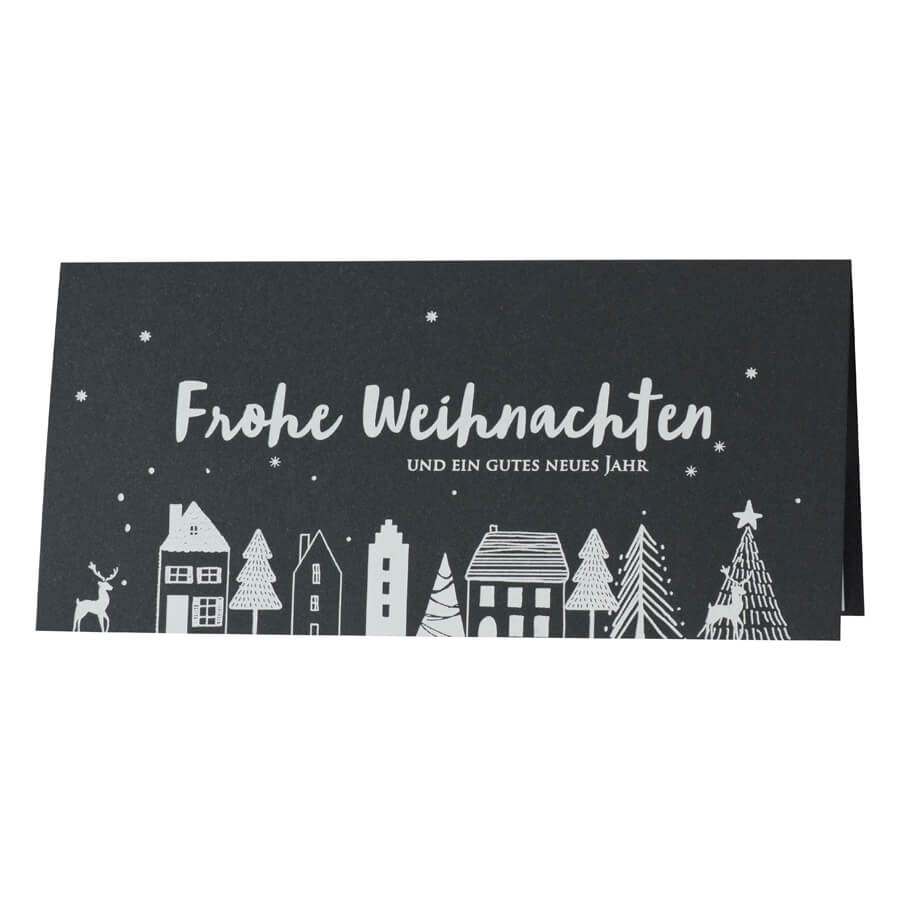 Weihnachtskarte DIN lang in schiefergrau mit Weihnachtsgruß und Motivdruck in weiss