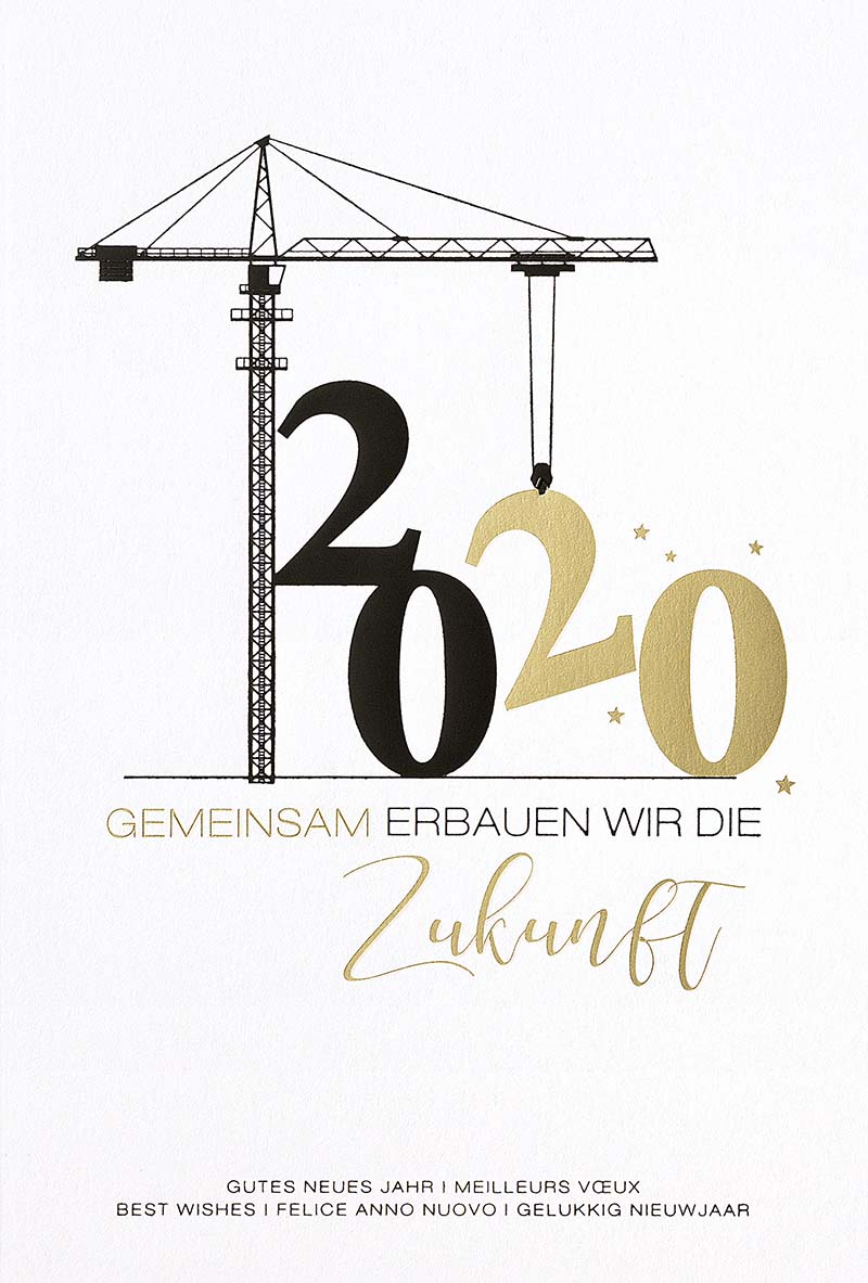 Moderne Neujahrsgrußkarte mit Kran und Jahreszahl 2020 für Baufirmen und Kranverleih