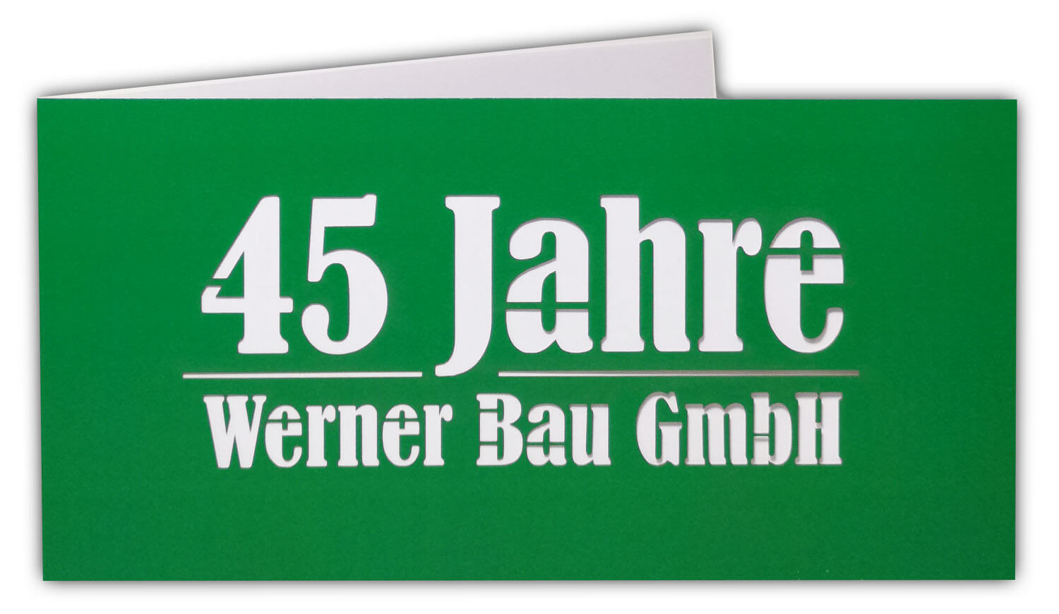 Firmenjubiläumskarte grün / weiß im Beispiel mit 45 Jahren