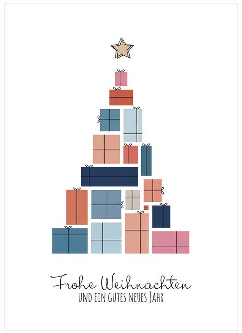 Spendenweihnachtsakrte mit einer Geschenkpyramide, kleinem Stern und Gruß zugunsten der DKKS