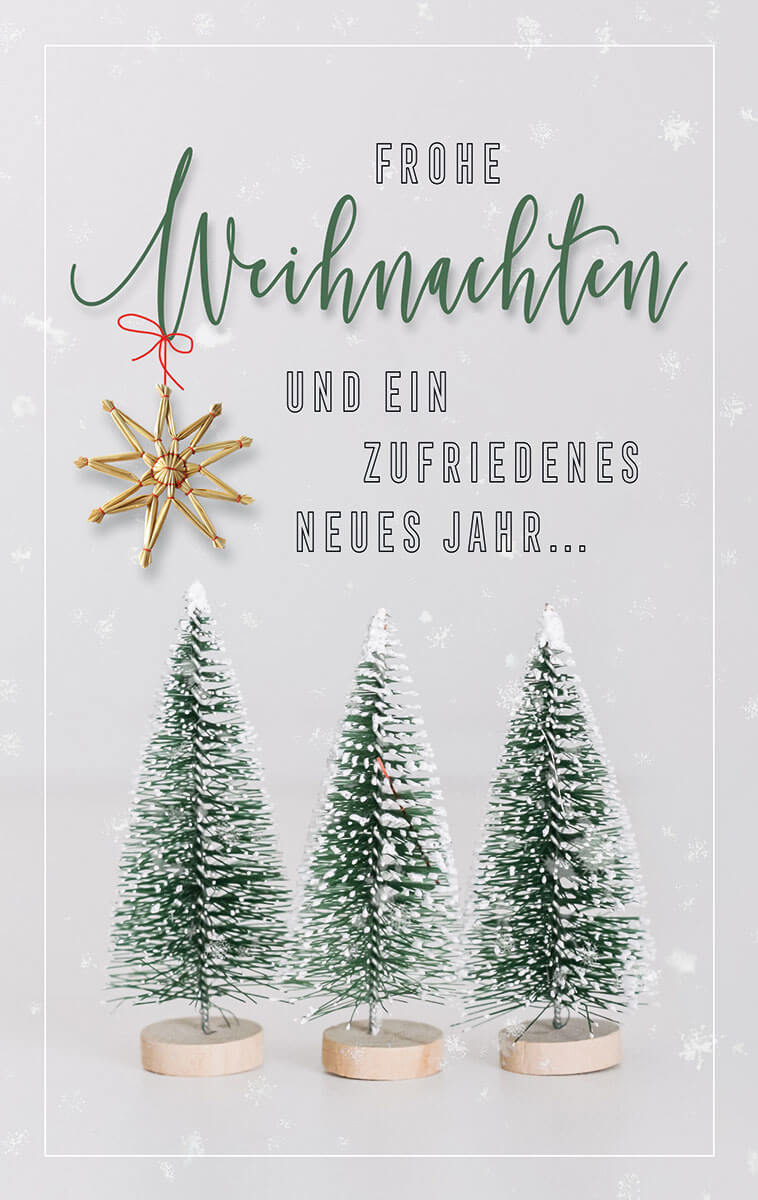 Pfiffige Weihnachtskarte mit kleinen Miniatur-Bäumchen, einem Stern und Weihnachtsgruß