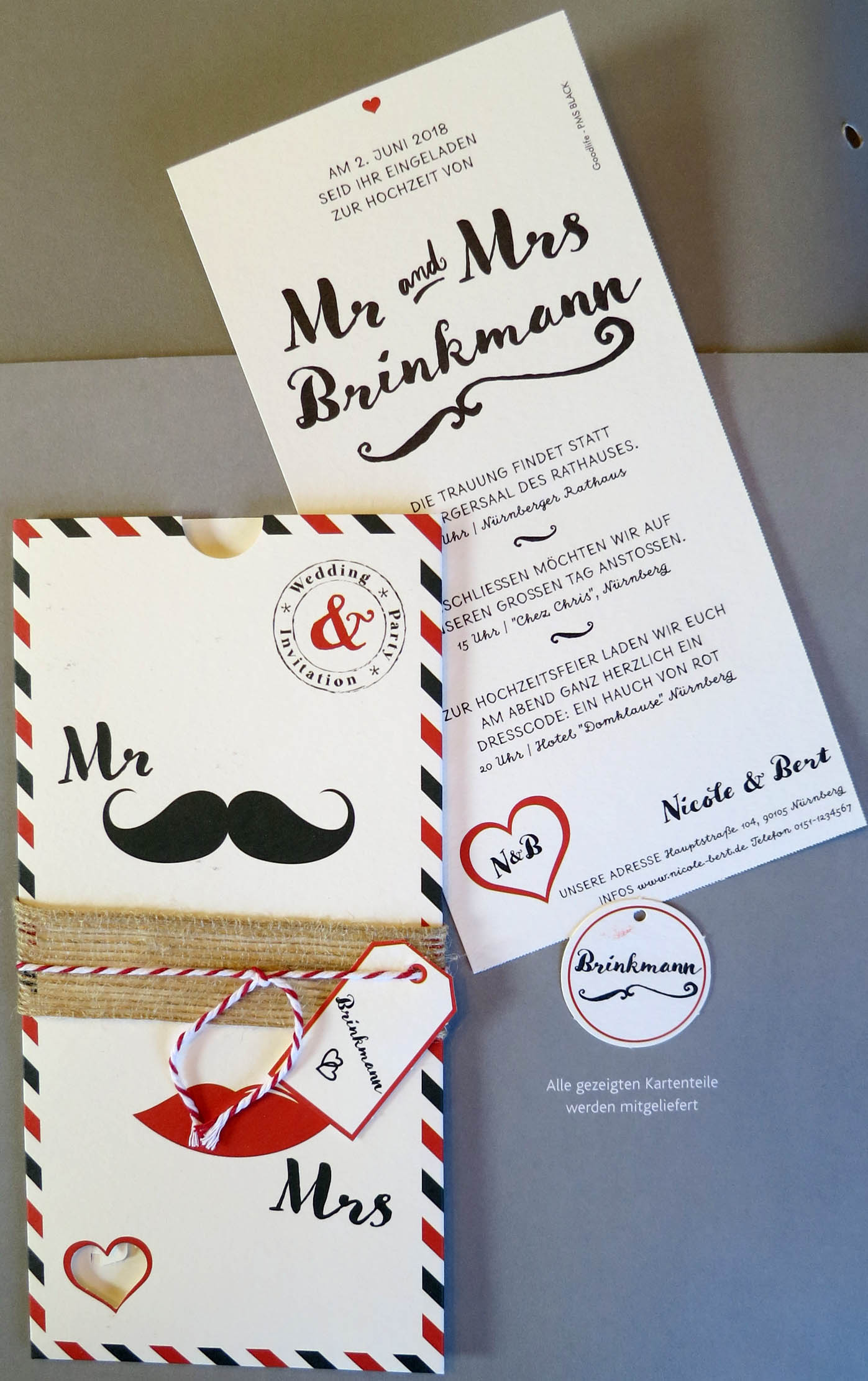 Hochzeitskarte "Mr - Mrs" mit Moustache und Kussmund