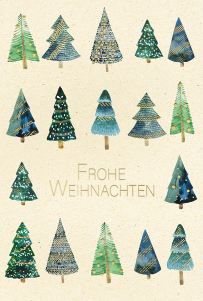 Naturweiße Weihnachtskarte mit Tannenbäumen und Weihnachtsgruß "Frohe Weihnachten"