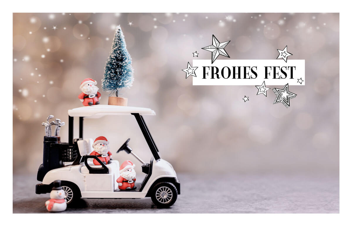 Lustige Weihnachtskarte mit weißem Golfcart, Weihnachtsmännern und dem Gruß "Frohes Fest"