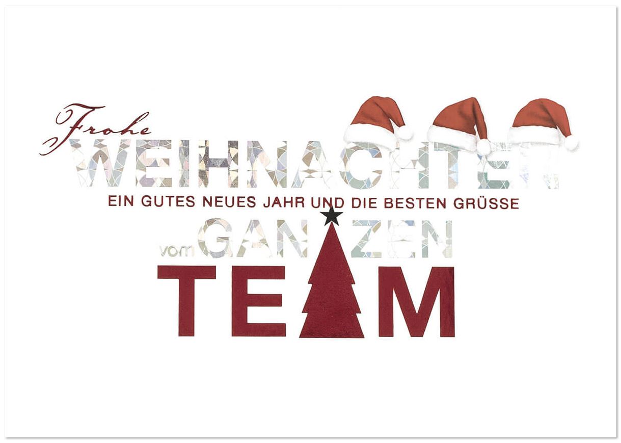 Firmenweihnachtskarte mit Grüßen vom ganzen Team, Nikolausmützen und Weihnachtsbaum