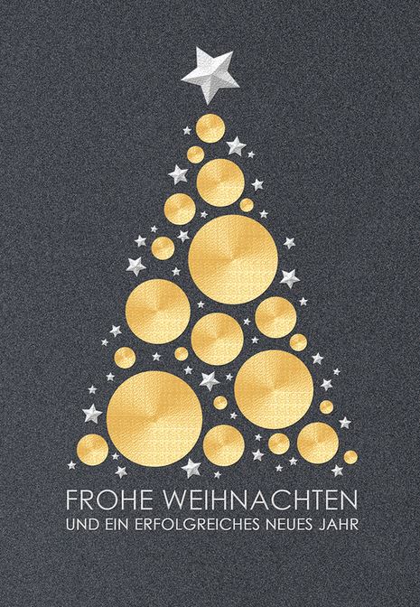 Modern gestaltete Weihnachtskarte mit goldenem Kugelbaum und silbernen Sternen inkl. Einleger