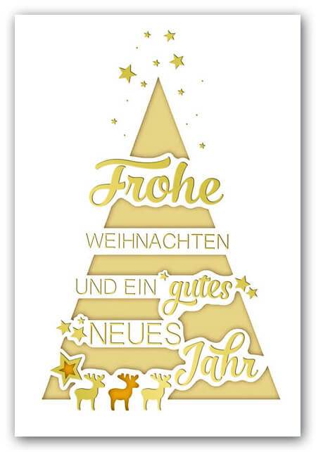 Weihnachtskarte in weiß mit goldenem Falteinleger, Goldfoliendruck und Stanzung