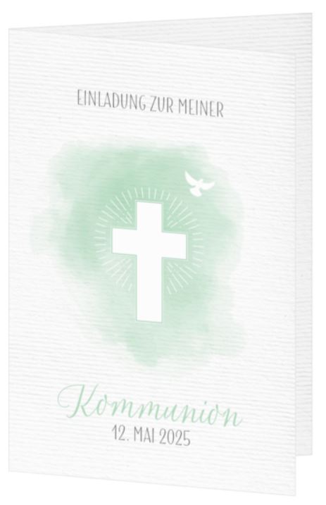 Weiße Einladungskarte zur Kommunion mit mintfarbenem Aquarelldruck, weißem Kreuz und Taube