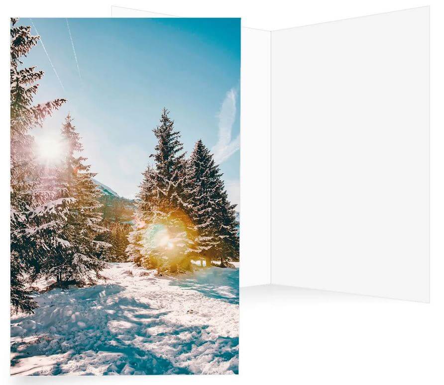 Winter-Weihnachtskarte "Wintermorgen" mit Sonnenstrahlen und verschneiten Tannen