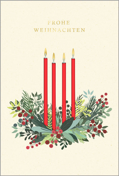 Weihnachtskarte mit Kerzen im floralen Gesteck, Weihnachtsgruß und Laserstanzung, Einleger rot