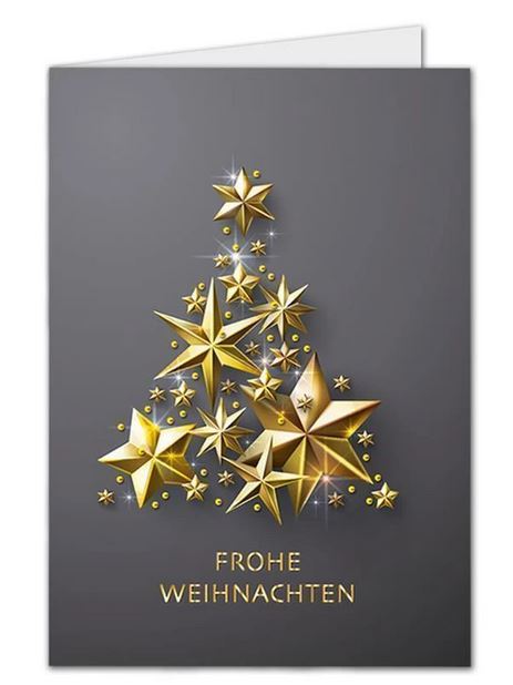 Graue Kleinformat-Weihnachtskarte DIN A6 mit Baum aus goldenen Sternen und "Frohe Weihnachten"