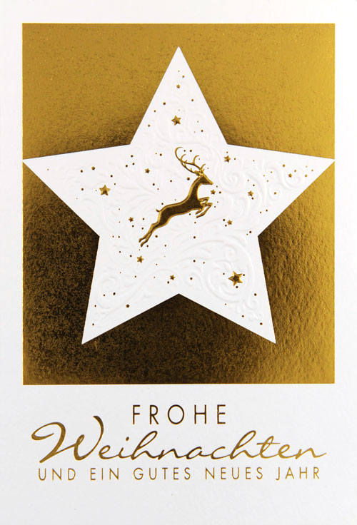 Cremefarbene Weihnachtskarte mit Goldfolienprägung und Ornament-Reliefprägung