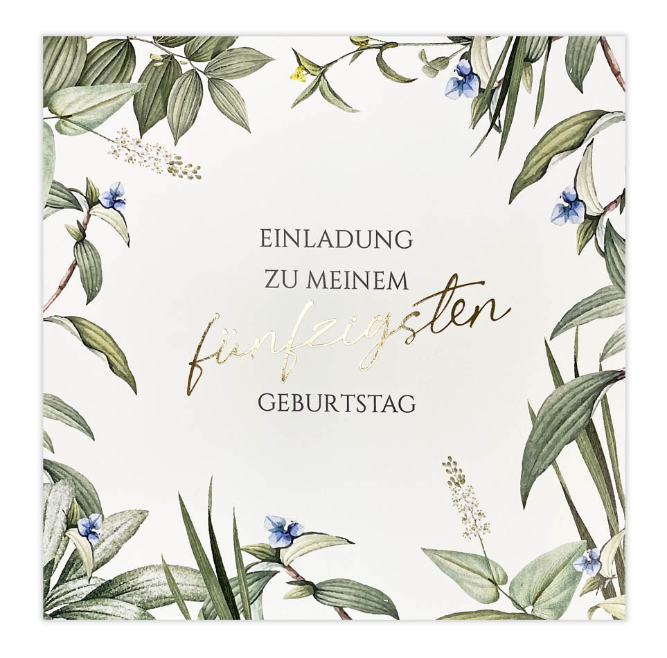 Quadratische Einladungskarte zum 50. Geburtstag mit Blättern, Blüten und siebzigsten Schriftzug