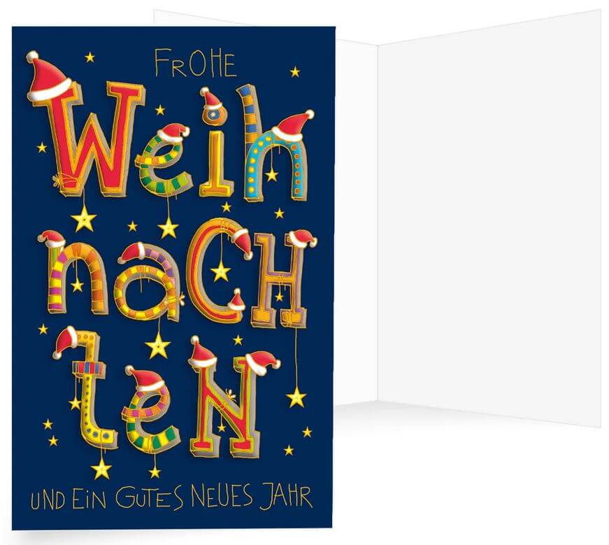 Bunte und fröhliche Spenden-Weihnachtskarte mit gutem Zweck: Ärzte ohne Grenzen