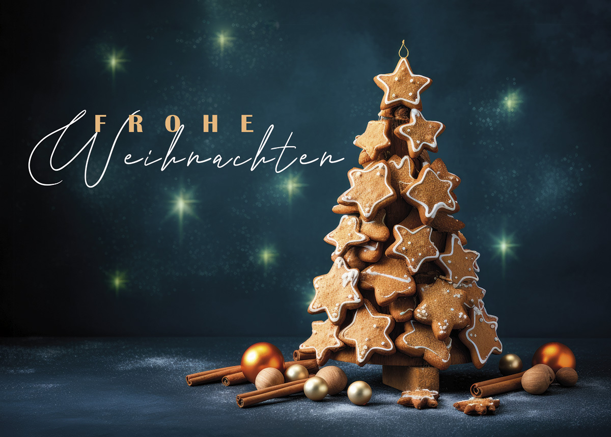 Heitere Weihnachtskarte mit Gruß "Frohe Weihnachten" und einem Weihnachtsbaum aus Zimtsternen