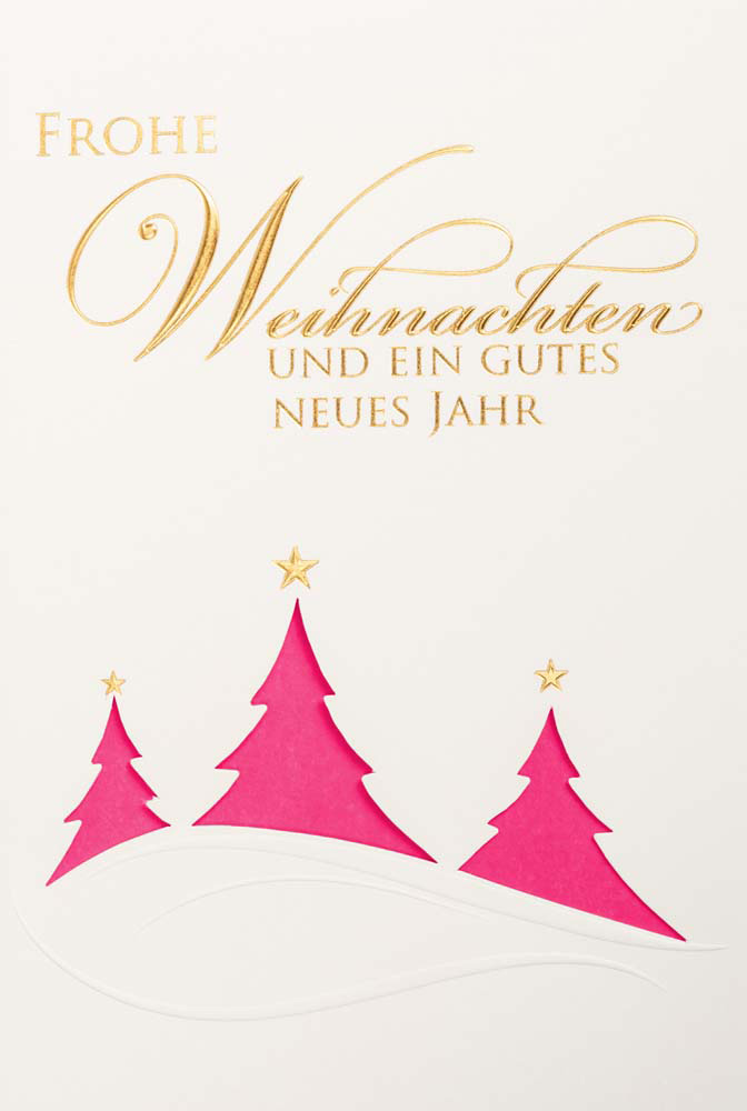 Weiße Weihnachtskarte mit Goldfolienprägung Weihnachtsgruß und pinkfarbenem Einlegeblatt