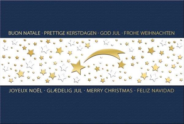 Exclusive Weihnachtskarte mit internationalen Weihnachtsgrüßen und goldenen Sternen