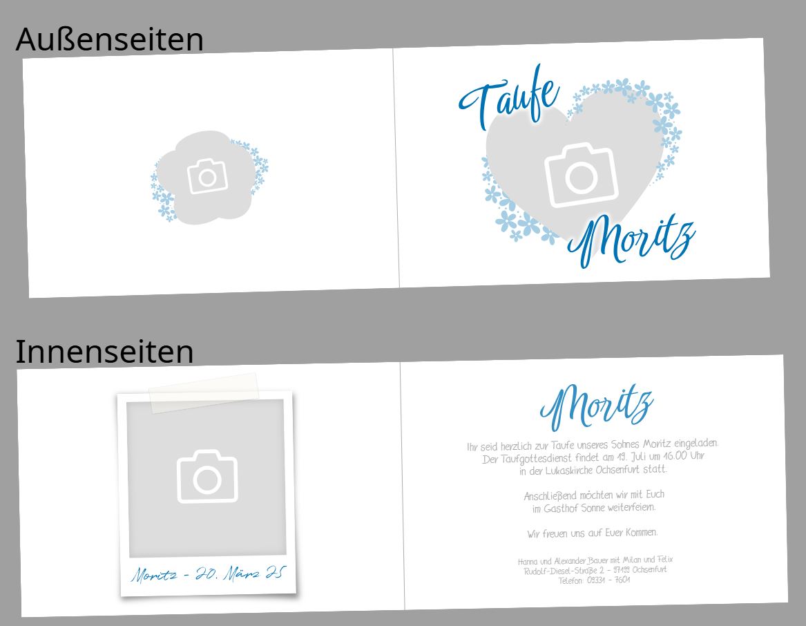 Personalisierbare Taufe Einladungskarte mit eigenen Fotos in verschiedenen Formen und Sofortbildoptik