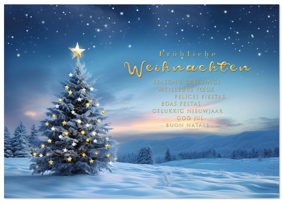 Zauberhafte, mehrsprachige Weihnachtskarte mit verschneiter Winterlandschaft und leuchtenden Sternen am Tannenbaum