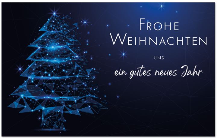 Blaue Weihnachtskarte mit funkelndem Weihnachtsbaum und weihnachtlichen Grüßen