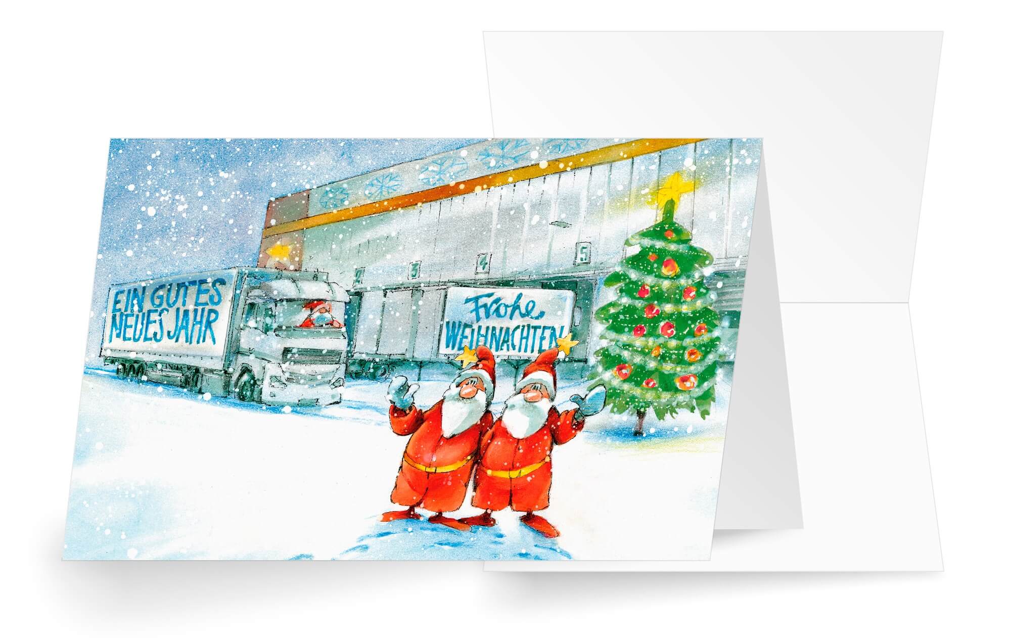 Bunte Weihnachts-Branchenkarte für Logistik, Transportunternehmen und Spedition mit Gruß