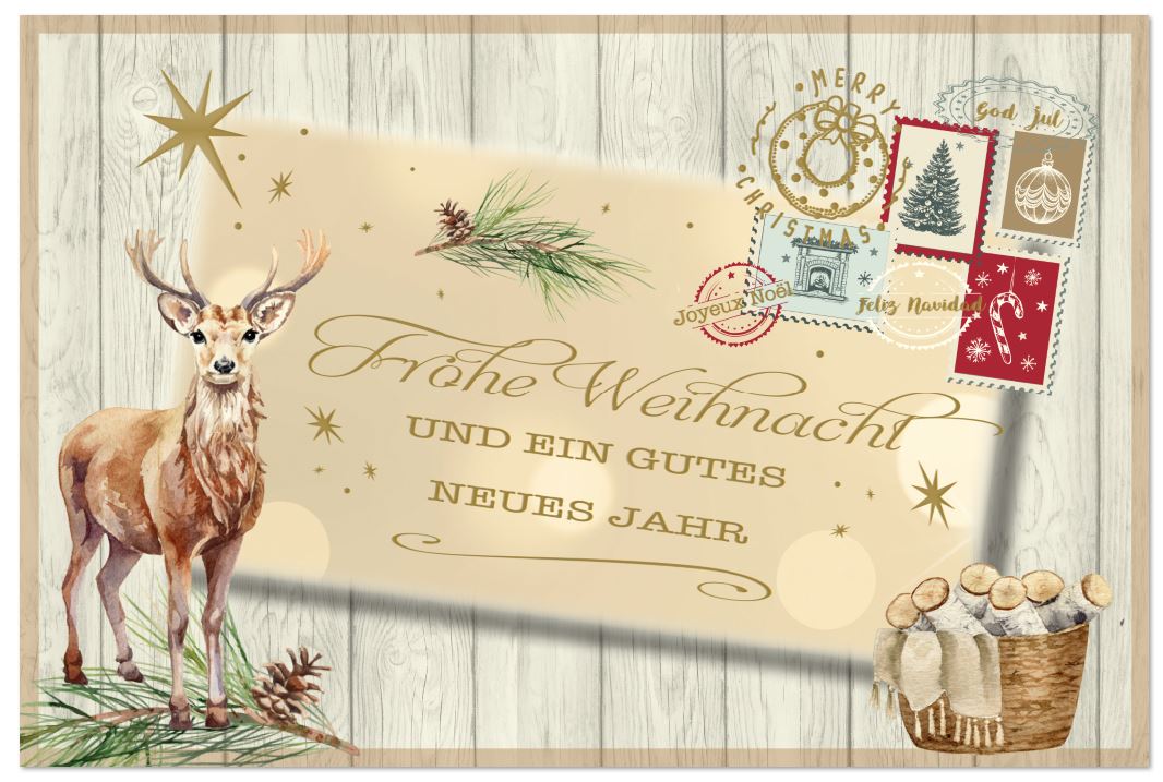 Rustikale Weihnachtskarte im traditionellen Design mit Hirsch, Weihnachtsgruß und Goldprägung