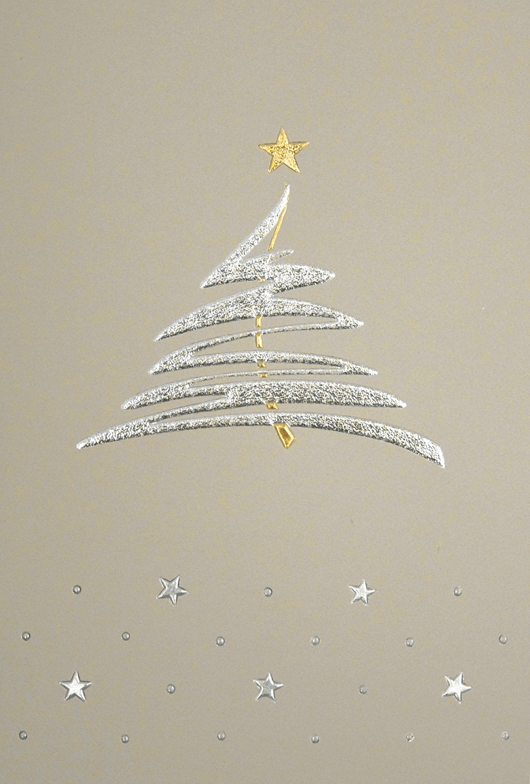 Graue Weihnachtskarte mit goldener und silberner Folienprägung eines Weihnachtsbaumes mit Stern