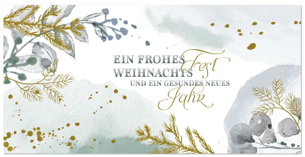 Florale Weihnachtskarte im Aquarelldruck mit Weihnachtsgruß und Goldprägung, DIN lang