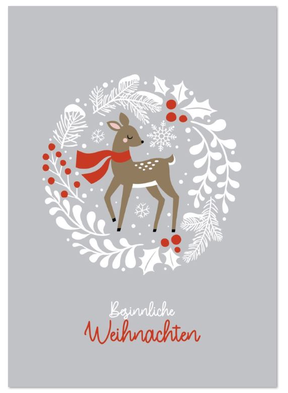 Putzige Spendenweihnachtskarte mit süßem Rehkitz mit rotem Schal und Weihnachtsgruß
