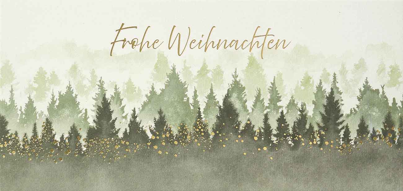 Weihnachtskarte im DIN lang Format mit Goldfolienprägung und grünem Tannenwald