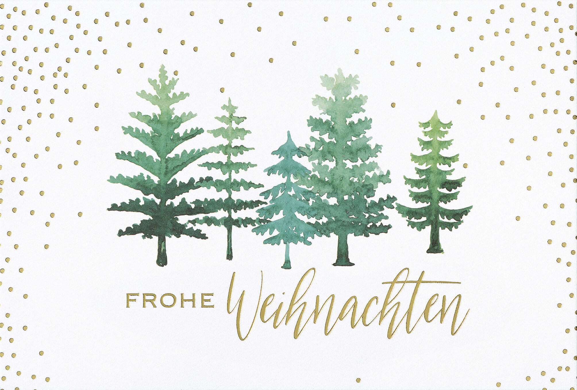 Grußkarte in cremeweiß mit goldenem Konfettiregen, Weihnachtsgruß und mehreren Tannenbäumen