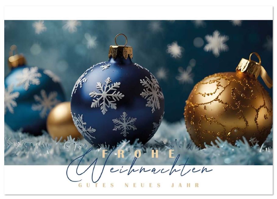 Festliche Weihnachtskarte im klassischen Stil mit verzierten Weihnachtskugeln und Weihnachtsgruß