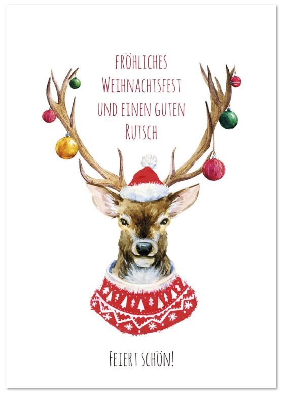 Lustige Spendenkarte mit weihnachtlich geschmückten Hirschkopf, Gruß und Gutem Zweck