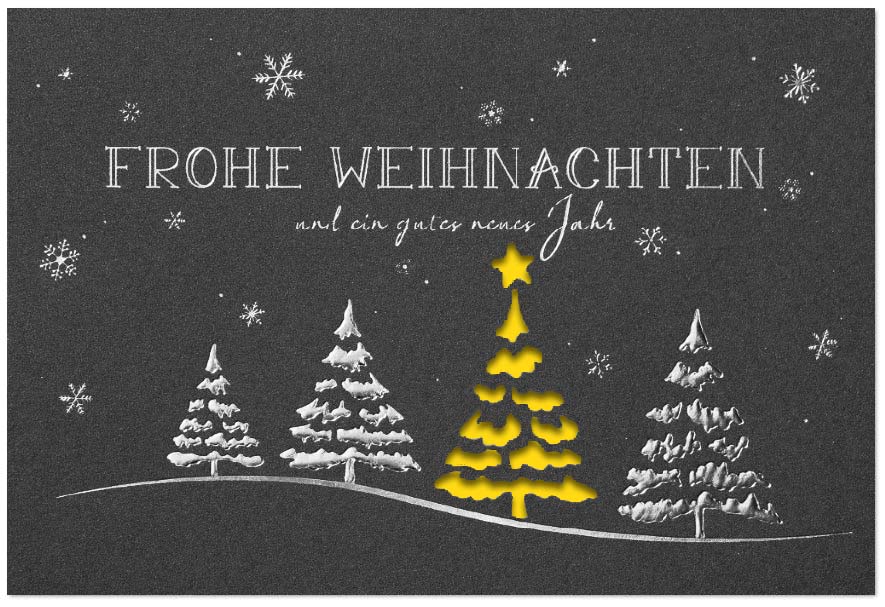 Edle Weihnachtskarte in anthrazit-metallic mit Silberprägung, Stanzung und gelbem Falteinleger