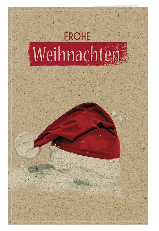 Graspapier-Weihnachtskarte mit "Frohe Weihnachten" und roter Weihnachtsmütze