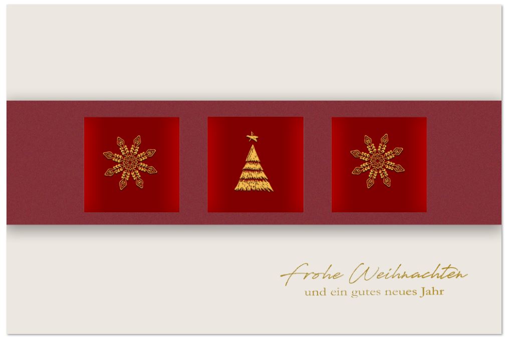 Festliche Weihnachtskarte in weiß mit roter Banderole und Goldfolienprägung, inkl. Einleger innen