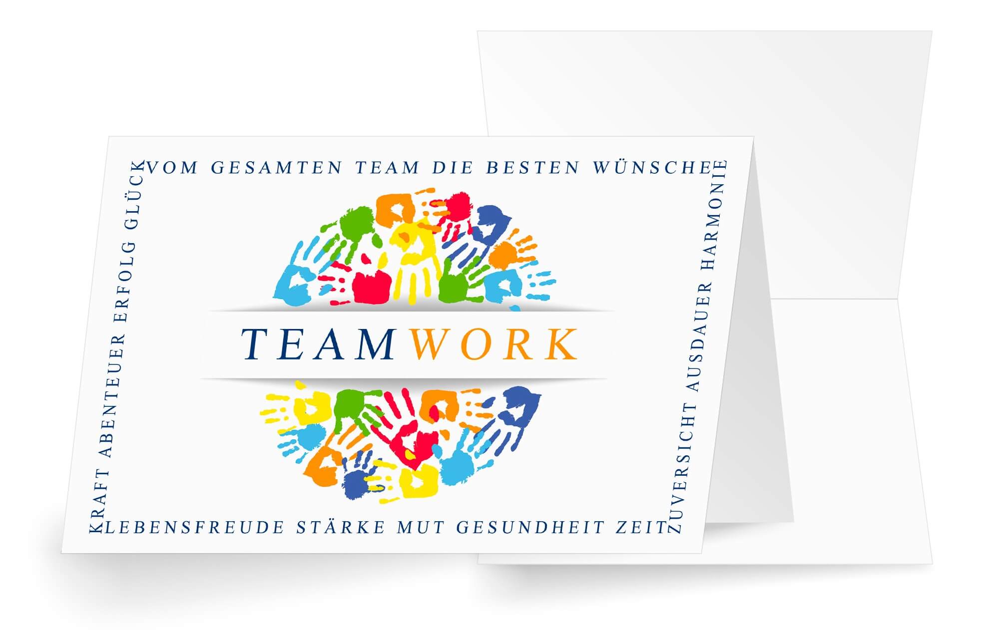 Weiße Glückwunschkarte TEAMWORK mit Schlagworten und farbenprächtigen Händeabdrucken