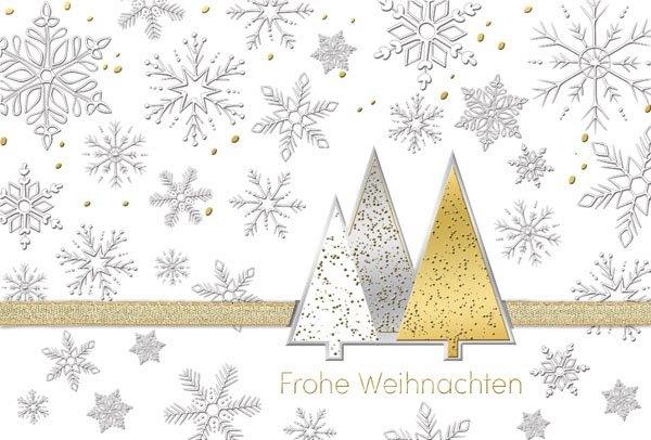 Perlmuttfarbene Weihnachtskarte mit Gold- und Silberfolienprägung sowie goldenem Satinband