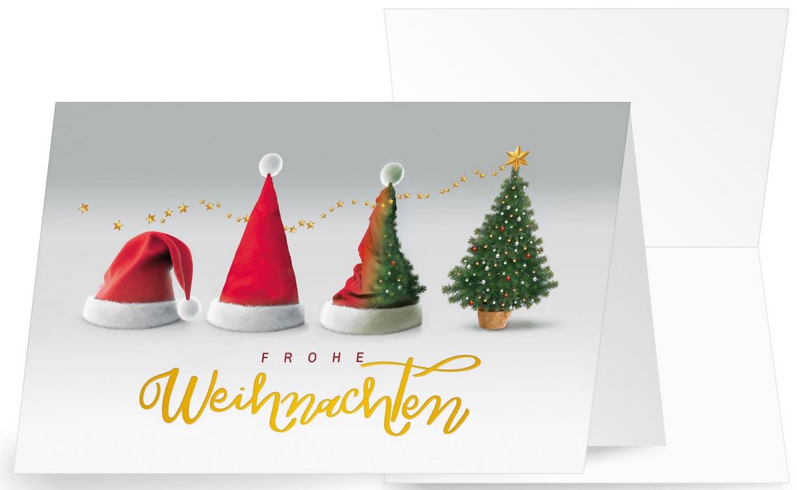 Originelle Spendenkarte für Ärzte ohne Grenzen mit Weihnachtsmütze bei der Verwandlung in einen Weihnachtsbaum