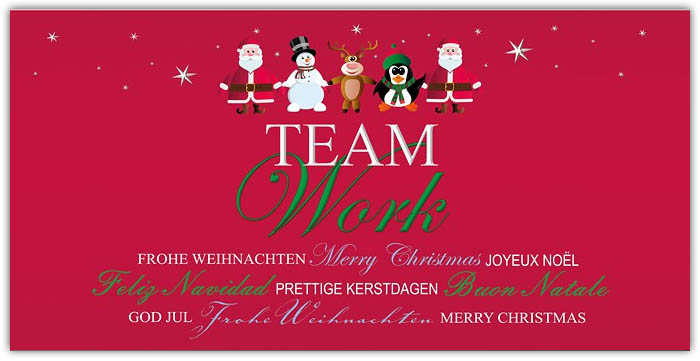 Lustige Weihnachtskarte mit internationalen Grüßen vom gesamten Team in rot