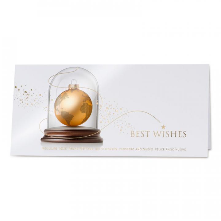 Internationale Neujahrsgrußkarte mit "Best Wishes" und goldener Weltkugel unter Glas