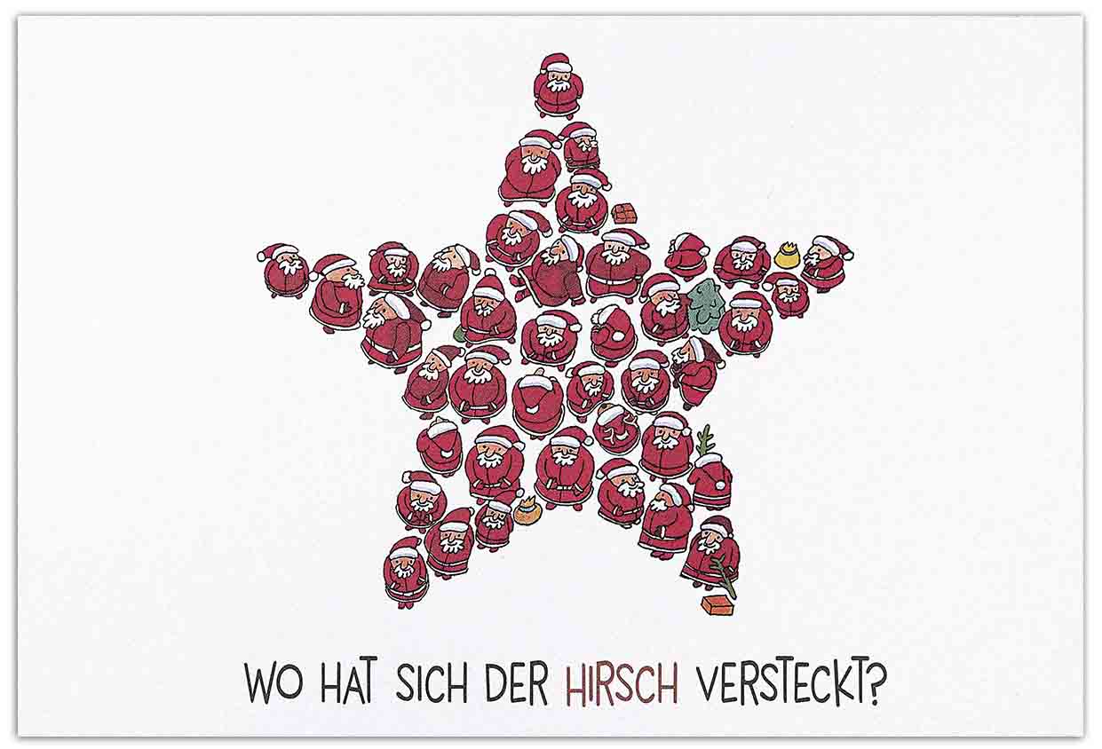 Witzige Weihnachtskarte mit Suchspiel: Wo hat sich der Hirsch versteckt?