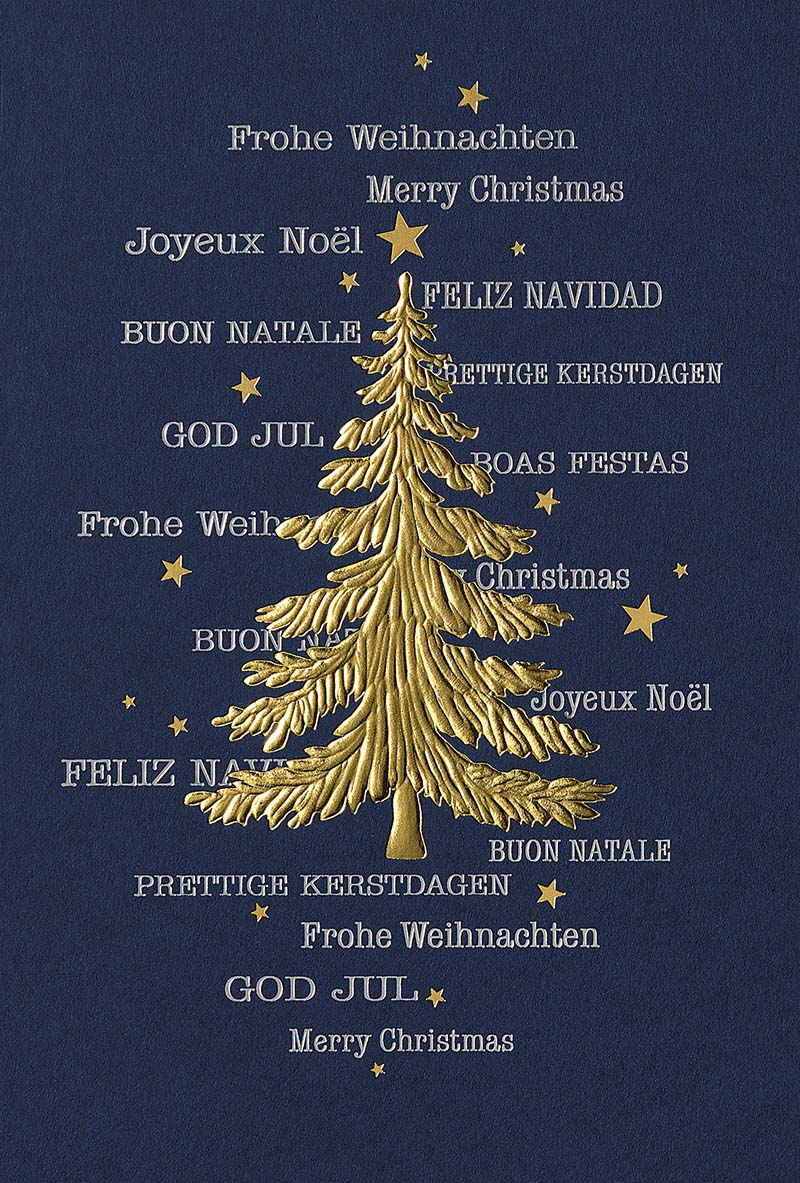 Dunkelblaue Weihnachtskarte mit internationalen Weihnachtsgrüßen und goldenem Baum