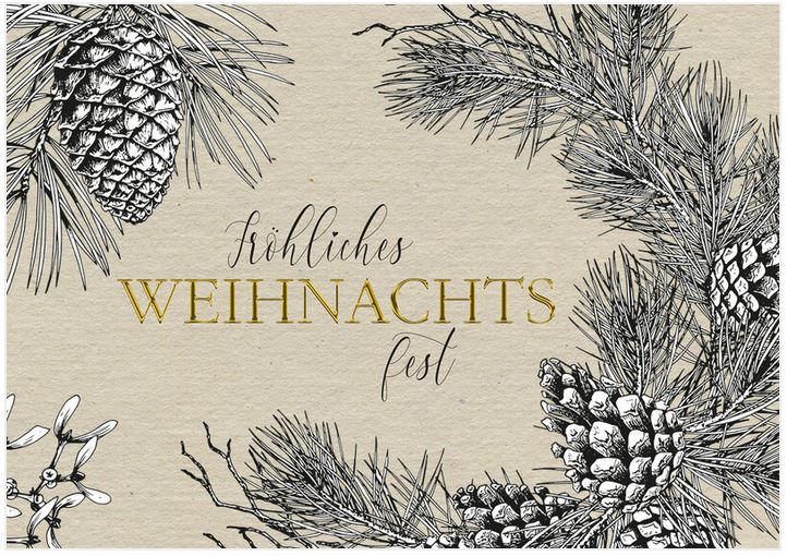 Graubraune Weihnachtskarte mit Spende für die Deutsche Kinderkrebs-Stiftung und Gruß "Fröhliches Weihnachtsfest"