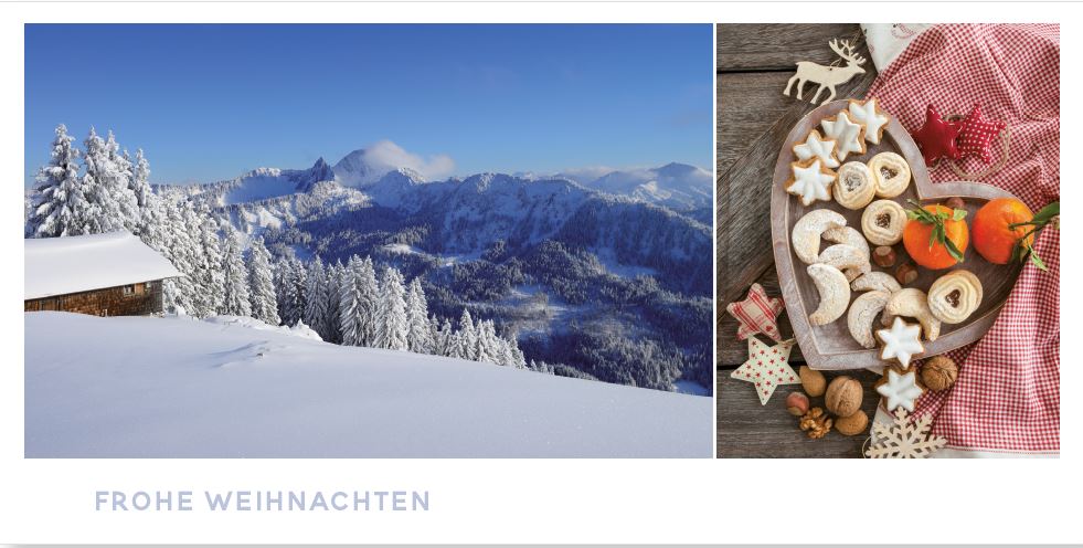 Winterliche Wehnachtskarte mit verschneiter Berglandschaft und leckeren Plätzchen und Nüssen