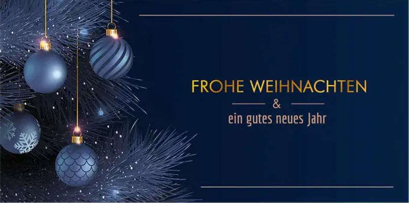 Edle Weihnachtskarte in blau mit hängenden Kugeln und Weihnachtsgruß, DIN lang