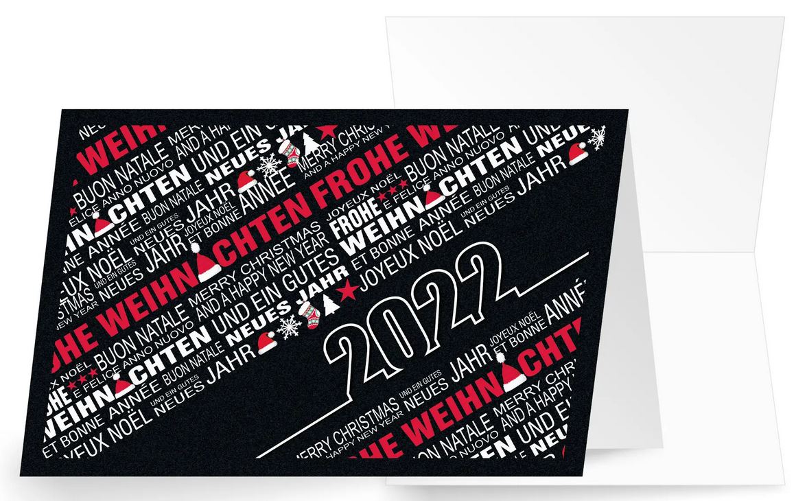 Mehrsprachige Weihnachtskarte in schwarz mit Jahreszahl 2022 und weihnachtlichen Motiven