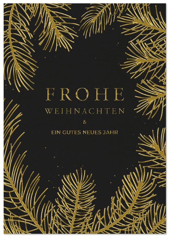 Elegante Weihnachtskarte in schwarz mit goldgeprägten Tannenzweigen und Weihnachtsgruß, inkl. Einlegeblatt innen