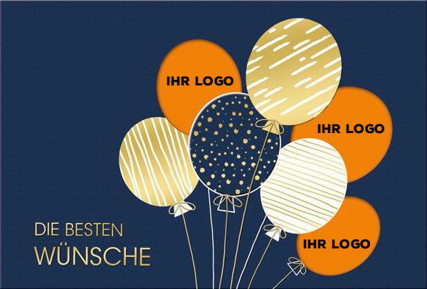 Fröhliche Glückwunschkarte in blau mit Luftballons und Formstanzung, Einlegeblatt orange